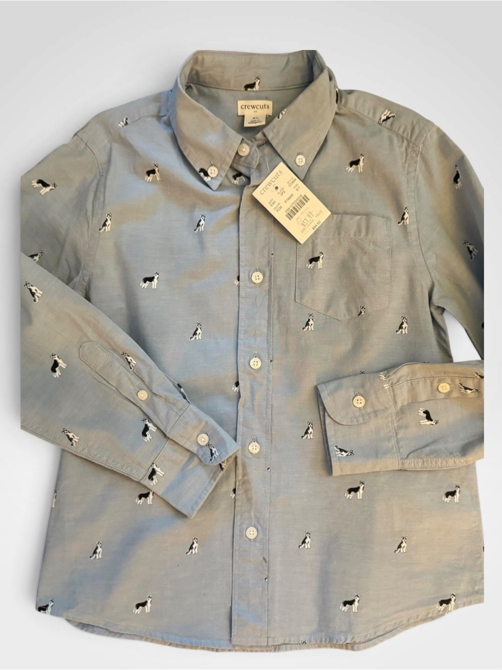 NWT Crewcuts J.Crew Boys Embroidered Dog Print Button Down Shirt Size 6-7 Blue